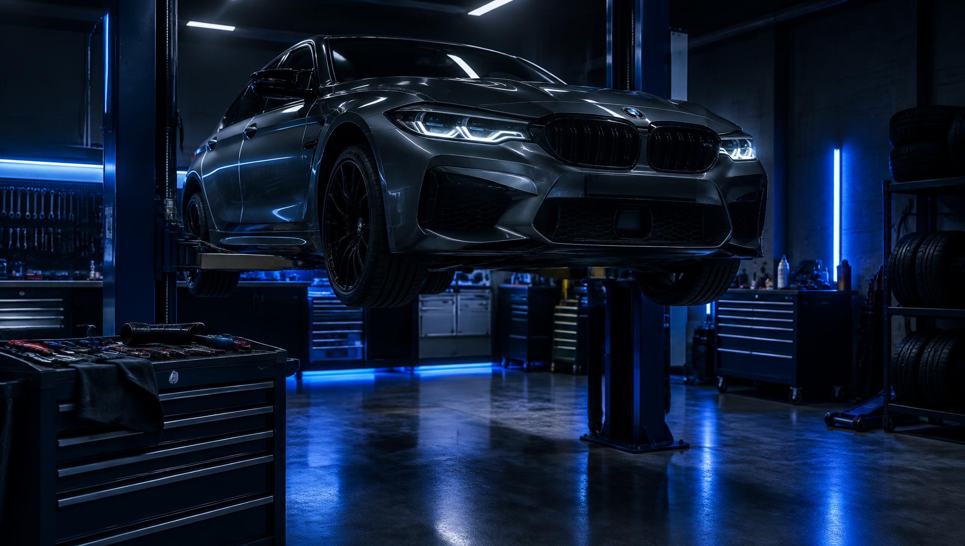 BMW on a lift in the Carlos Auto Centre workshop